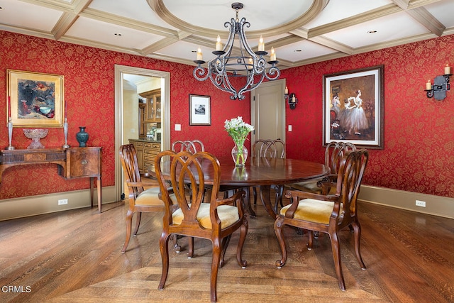 dining room with coffered ceiling, beamed ceiling, and a chandelier