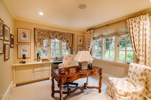 office area featuring crown molding and light colored carpet