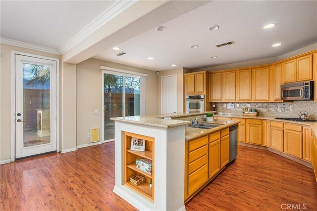 kitchen featuring stainless steel appliances, an island with sink, wood finished floors, and ornamental molding