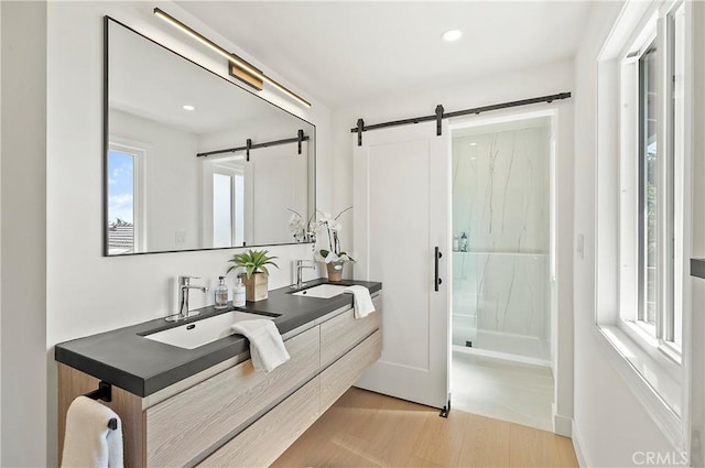 bathroom featuring a shower, vanity, and wood-type flooring