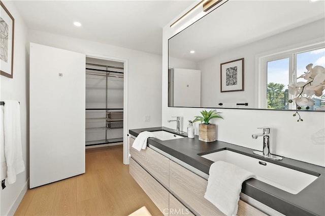 bathroom with wood-type flooring and vanity