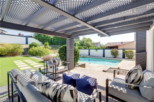 view of swimming pool featuring a pergola, an outdoor hangout area, and a patio