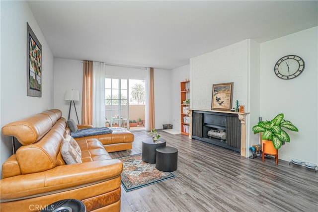 living room featuring hardwood / wood-style floors and a large fireplace