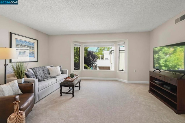 living room with a textured ceiling and light carpet