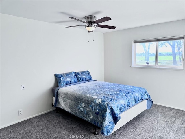 bedroom with ceiling fan and carpet