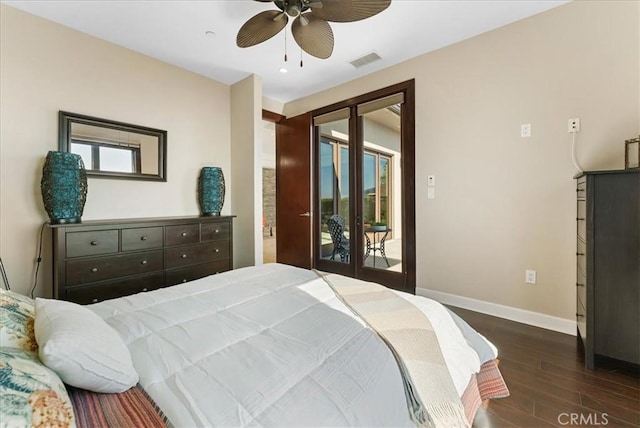 bedroom with ceiling fan, dark wood-type flooring, access to outside, and french doors