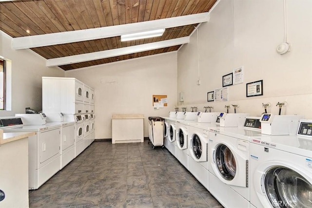 laundry room featuring washing machine and dryer, wooden ceiling, and stacked washing maching and dryer