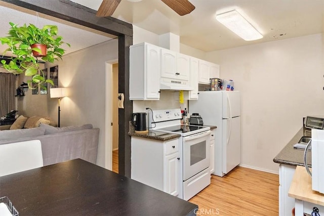 kitchen with white cabinetry, white appliances, light wood-type flooring, and ceiling fan