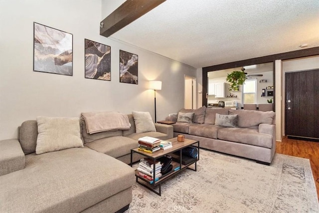 living room featuring a textured ceiling and hardwood / wood-style flooring