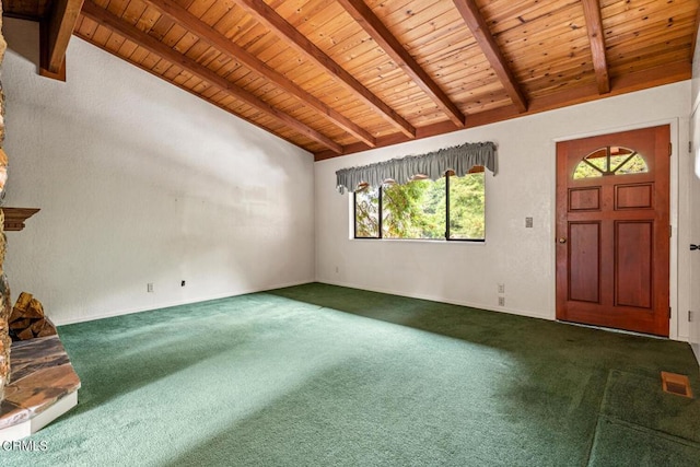 unfurnished living room featuring wooden ceiling, carpet, and lofted ceiling with beams