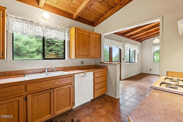 kitchen with dishwasher, wooden ceiling, sink, vaulted ceiling with beams, and decorative light fixtures