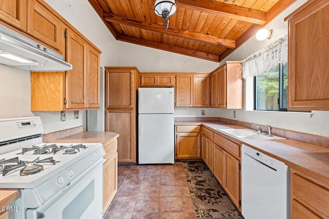 kitchen with sink, wooden ceiling, vaulted ceiling with beams, white appliances, and light tile patterned floors