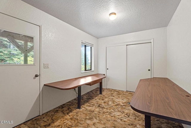 office with carpet and a textured ceiling