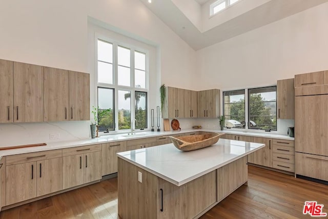 kitchen featuring light hardwood / wood-style flooring, a center island, high vaulted ceiling, and a wealth of natural light