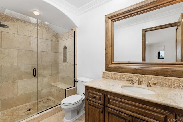 bathroom featuring toilet, a shower with shower door, crown molding, vanity, and backsplash