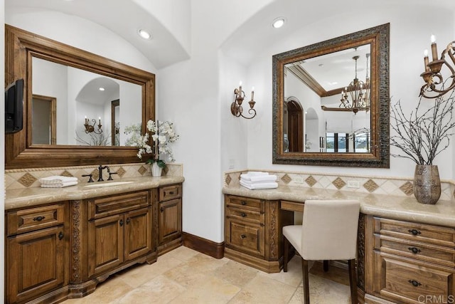 bathroom with vanity, ornamental molding, and tile walls