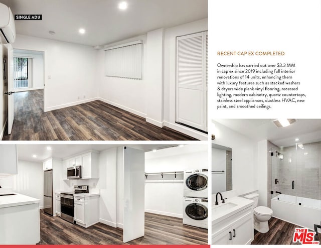 laundry area with a wall unit AC, stacked washer / dryer, sink, and dark hardwood / wood-style floors