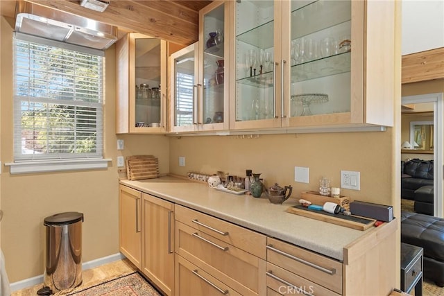 bar featuring light brown cabinetry and light hardwood / wood-style floors