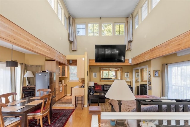 living room featuring a high ceiling, light hardwood / wood-style flooring, and a wealth of natural light