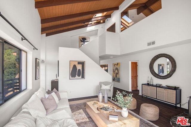 living room with high vaulted ceiling, beamed ceiling, dark hardwood / wood-style flooring, and wood ceiling