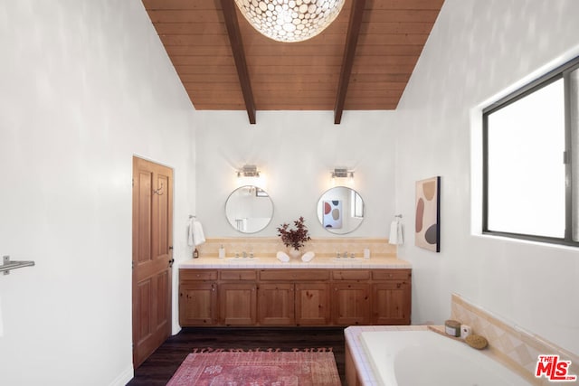 bathroom featuring wooden ceiling, hardwood / wood-style floors, a bathtub, and vaulted ceiling with beams