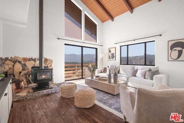 living room featuring beamed ceiling, a mountain view, dark wood-type flooring, a wood stove, and high vaulted ceiling