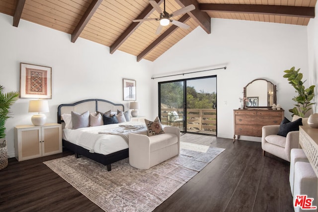 bedroom with ceiling fan, access to exterior, beam ceiling, wood ceiling, and dark hardwood / wood-style flooring