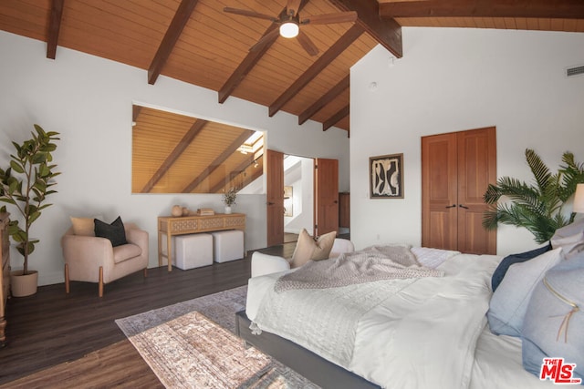 bedroom featuring ceiling fan, wooden ceiling, dark wood-type flooring, high vaulted ceiling, and beamed ceiling