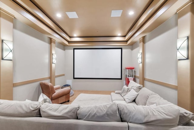 cinema room with a tray ceiling