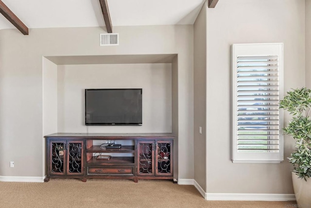 details featuring beamed ceiling and carpet