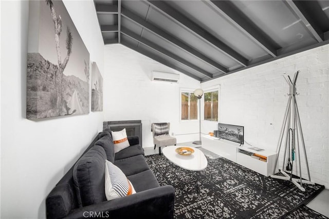 living room featuring an AC wall unit and lofted ceiling with beams