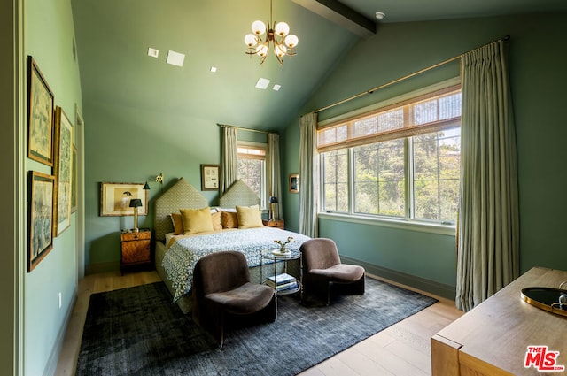 bedroom featuring a chandelier, lofted ceiling with beams, and light wood-type flooring