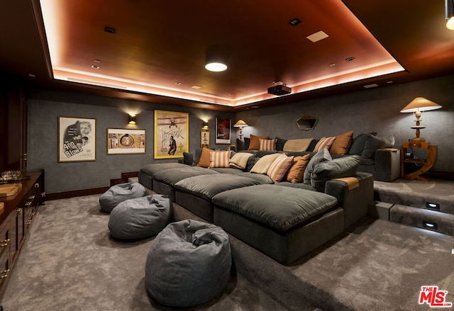 carpeted home theater with a tray ceiling