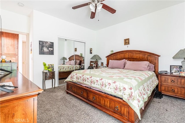 bedroom with ceiling fan, a closet, and light colored carpet