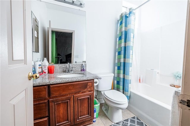 full bathroom with tile patterned flooring, vanity, toilet, and shower / bathtub combination with curtain