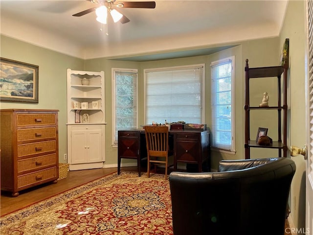 office with ceiling fan, hardwood / wood-style floors, and plenty of natural light