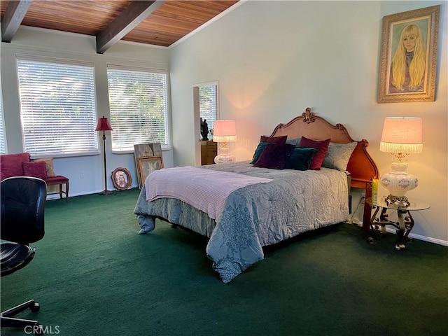 carpeted bedroom with vaulted ceiling with beams and wood ceiling