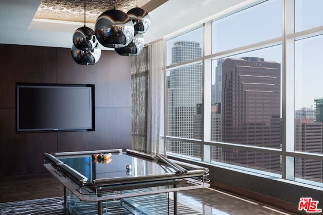 rec room with billiards, a wealth of natural light, and a tray ceiling