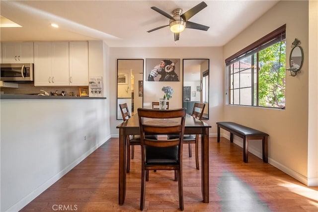 dining space with ceiling fan and dark wood-type flooring