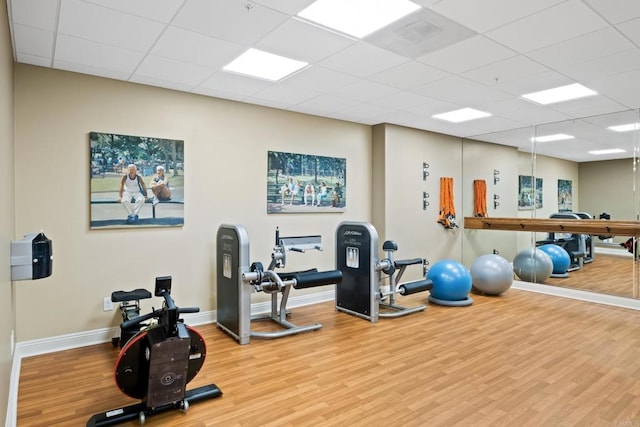 workout room with baseboards, a drop ceiling, and wood finished floors