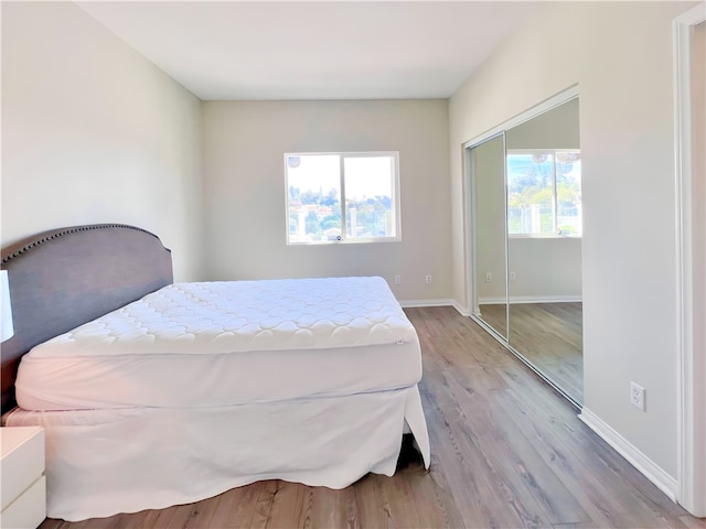 bedroom with light wood-type flooring and a closet