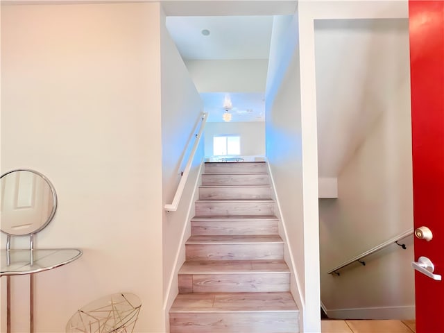 staircase with wood-type flooring