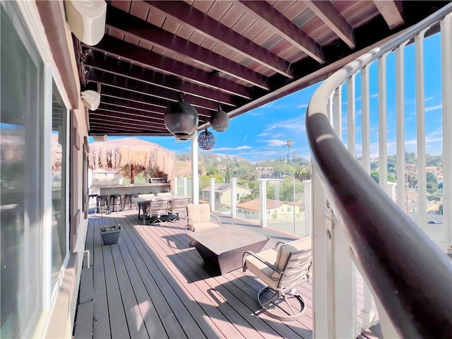 wooden terrace with a mountain view