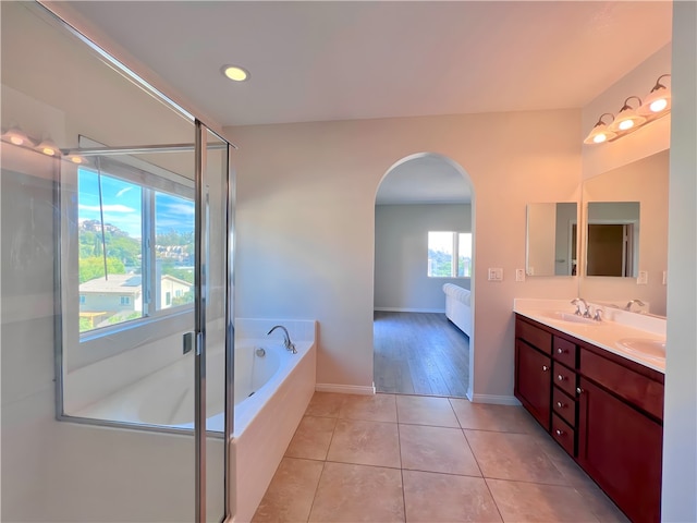 bathroom featuring tile patterned floors, plenty of natural light, vanity, and independent shower and bath