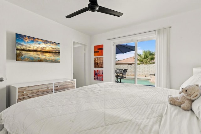 bedroom featuring access to exterior and ceiling fan