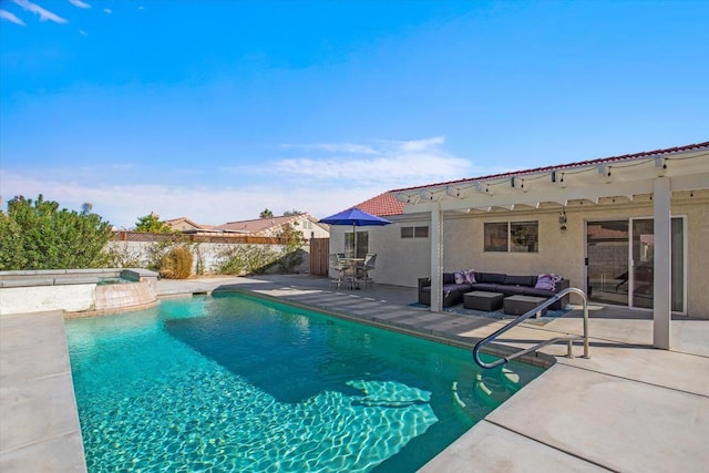 view of swimming pool with an in ground hot tub, an outdoor living space, and a patio area