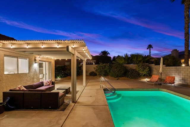 pool at dusk featuring outdoor lounge area, a patio area, and a pergola