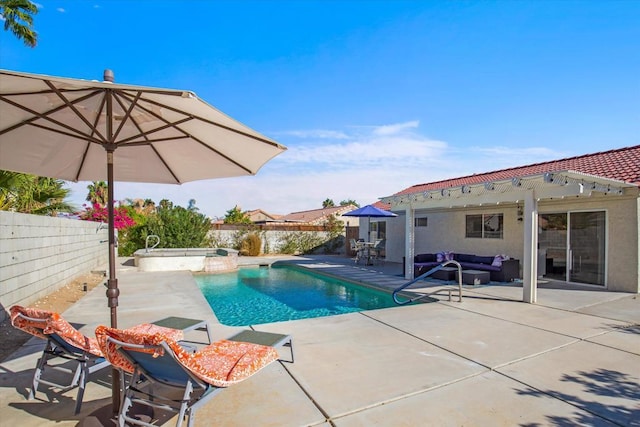 view of pool featuring a pergola, an outdoor hangout area, an in ground hot tub, and a patio