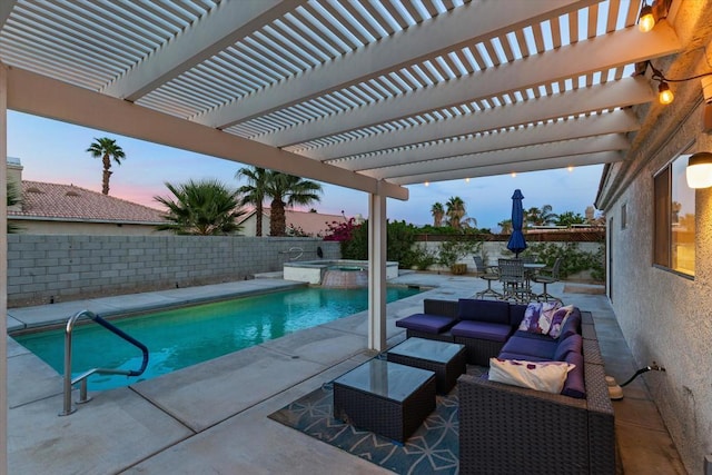 pool at dusk with an outdoor hangout area, a pergola, and a patio