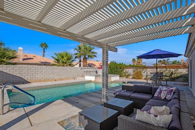 view of patio with outdoor lounge area and a pergola